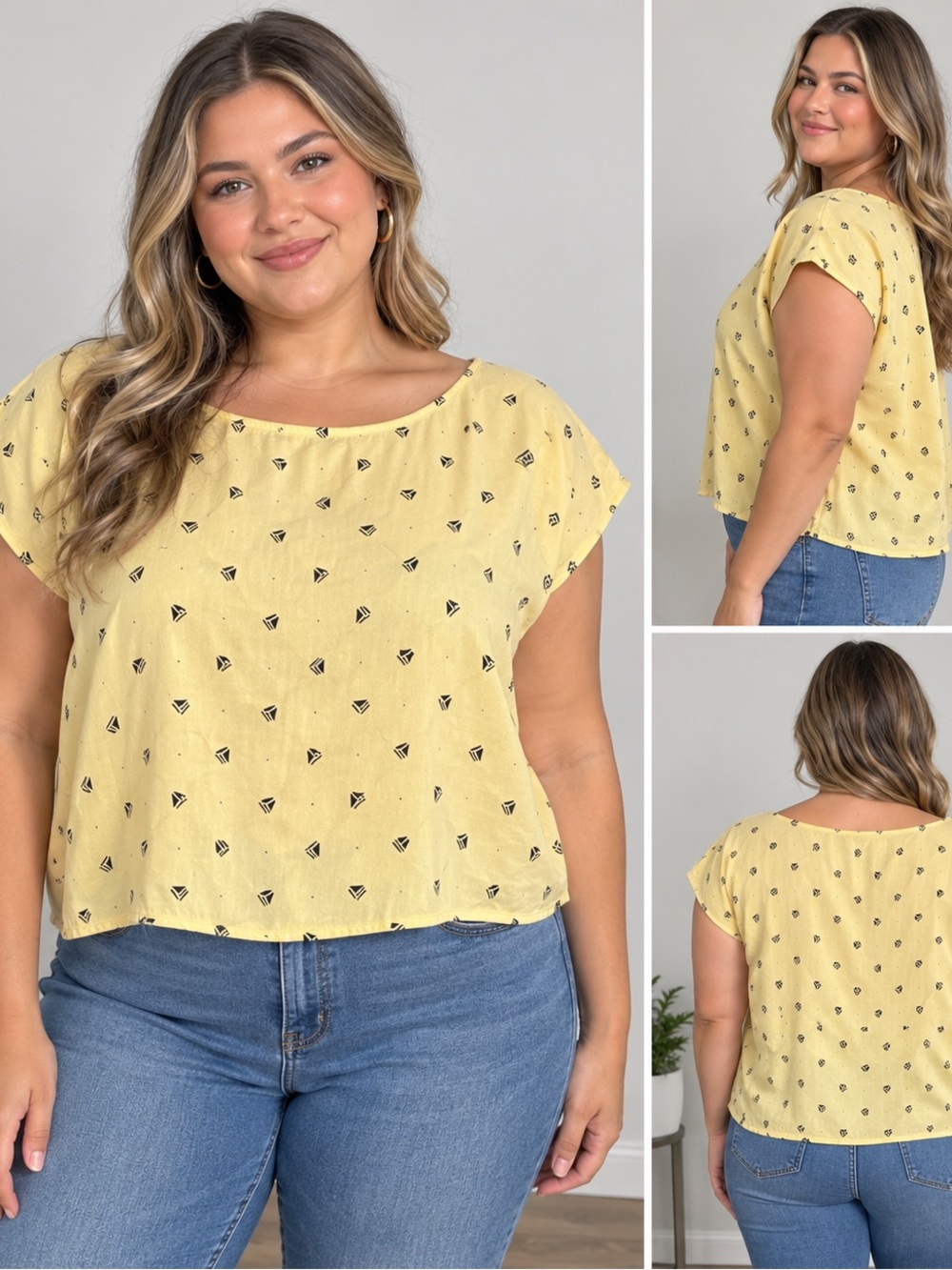 Vintage Kips Bay Yellow Geometric Blouse Girls XL Made in USA 80s Retro